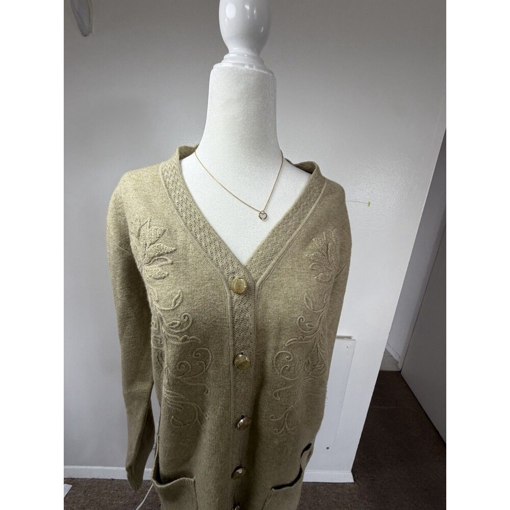 Oatmeal Heathered knit Cardigan Boho Sweater Grandma Bottoms Front Pockets L - Picture 11 of 14